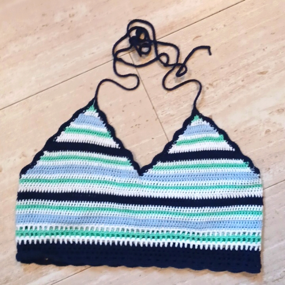 Aerie Multi-Colored Striped Crochet Knit Halter Top